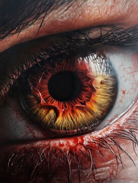 A close-up of a bloody eyeball, with a red iris and black pupil