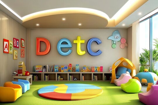 a modern and colorful ceiling light for preschool classroom, with the letters "A B C D etc". Interior design of preschool classroom with a pastel color, generative ai