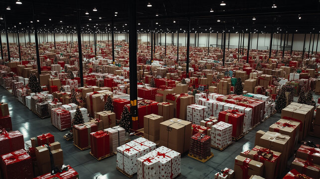 Magazyn wypełniony paczkami świątecznymi staje się symbolem szczytowego okresu w logistyce.
