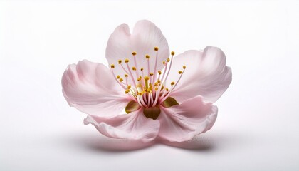 A single blooming cherry blossom flower on an isolated white background.