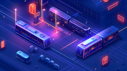 Obraz premium Isometric illustration of futuristic city with four electric trams on a train station.