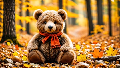 Adorable teddy bear in autumn forest surrounded by vibrant fall leaves