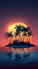 Silhouette of palm trees on an island with a large orange sun setting in the background.
