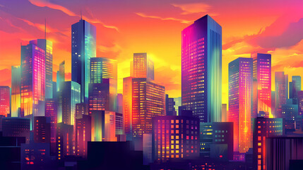 Fototapeta premium Vibrant cityscape skyline at sunset with colorful buildings and a glowing sky.