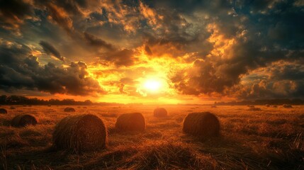 A field with golden haystacks with a cloudy sky at sunset or sunrise Procurement of animal feed in agriculture : Generative AI