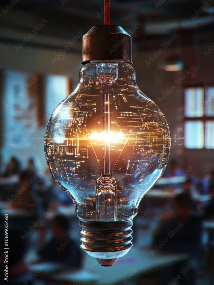 Poster a glowing lightbulb with digital lines and a blurred background of students in a classroom, symboliz