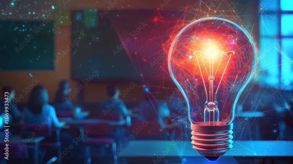 Poster a glowing lightbulb with digital lines and a blurred background of students in a classroom, symboliz