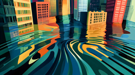 A city skyline with buildings partially submerged in water, illustrating the effects of climate change and rising sea levels.