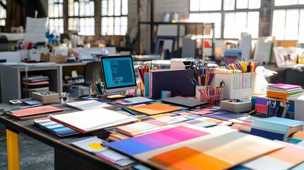 A cluttered desk in a modern office with a laptop and colorful stationery.