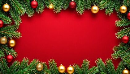 Festive christmas frame with pine branches and colorful baubles on red background