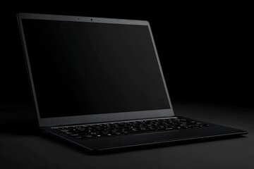 A mockup of a sleek laptop is positioned at an angle against a dark background