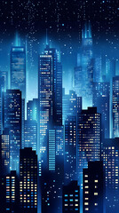 Fototapeta premium A futuristic city skyline with tall buildings and glowing lights against a starry night sky.