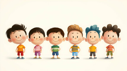 Six happy cartoon boys standing in a row, smiling, looking at the camera.