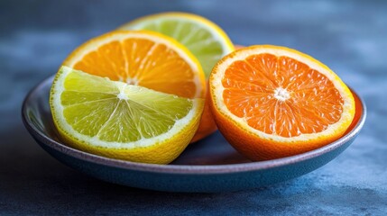Fototapeta premium Three citrus fruit halves, a lemon, a lime, and an orange, on a blue ceramic plate on a grey background.