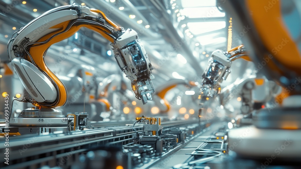 Poster a high-tech digital factory featuring robotic arms working seamlessly on an automated assembly line.