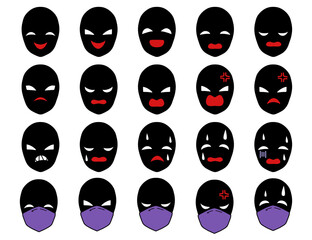 黒いシルエットの悪人の顔のアイコンセット