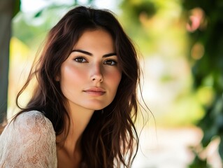 Fototapeta premium A woman with long brown hair is posing for a picture