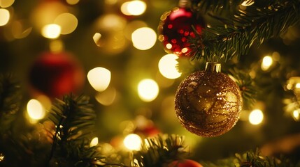 A close-up of a gold Christmas ornament hanging on a Christmas tree with twinkling lights and red ornaments in the background.
