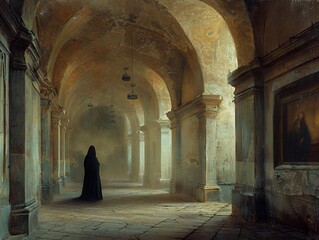 Mysterious Figure in a Dark and Ancient Hallway