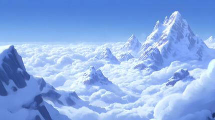 Obraz premium Snow-capped mountains rise above a sea of white clouds under a clear blue sky.