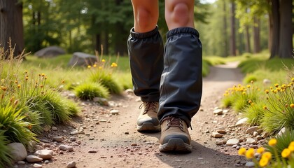 Hiker in waterproof gaiters walking on forest path surrounded by wildflowers