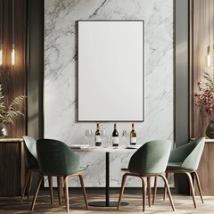 minimalist mockup of an empty, blank poster frame on the wall in a dining room interior with a modern table and chairs