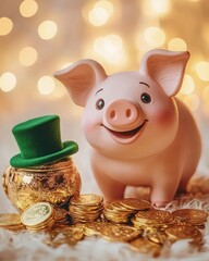 A joyful clay piggy lucky charm with a green hat next to a pot of gold coins and sparkling lights for good fortune