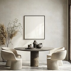 minimalist mockup of an empty, blank poster frame on the wall in a dining room interior with a modern table and chairs