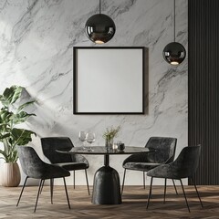 minimalist mockup of an empty, blank poster frame on the wall in a dining room interior with a modern table and chairs