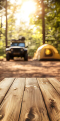 Outdoor products business background, outdoor products can be placed on the table, with camping sites and vehicles in the background. Outdoor products, travel, hiking, business poster, background