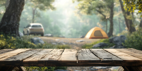 Outdoor products business background, outdoor products can be placed on the table, with camping sites and vehicles in the background. Outdoor products, travel, hiking, business poster, background