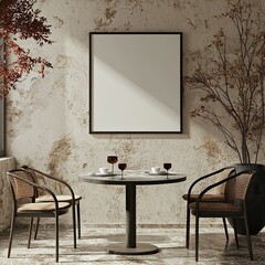 minimalist mockup of an empty, blank poster frame on the wall in a dining room interior with a modern table and chairs