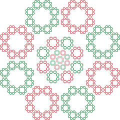 Fractal pattern composed of interlocking red and green circular shapes, forming a symmetrical and intricate design