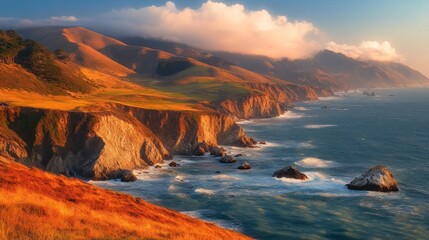 A scenic coastal view at sunset, showcasing cliffs, ocean waves, and soft clouds.