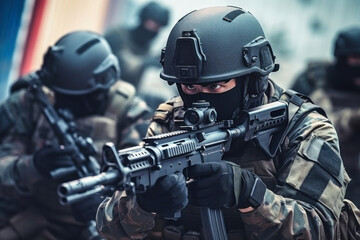 Obraz premium Chinese soldier in tactical gear prepares for action in an urban training environment during a military exercise aimed at enhancing combat readiness