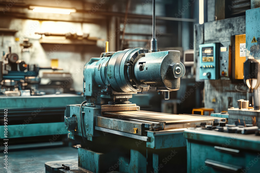 Poster a close-up view of an industrial cnc machine in a dimly lit factory, showcasing intricate details an