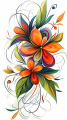 Colorful abstract floral design with swirls and leaves.
