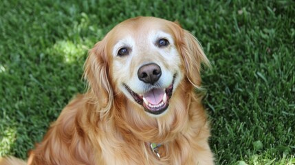 Obraz premium A happy golden retriever smiling in a grassy area.