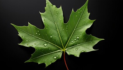A vibrant green maple leaf with water droplets isolated on a black background.