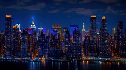 Fototapeta premium A vibrant city skyline illuminated at night, showcasing skyscrapers and urban lights.