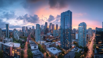 Obraz premium Panoramic cityscape at sunset showcasing modern skyscrapers and urban life.