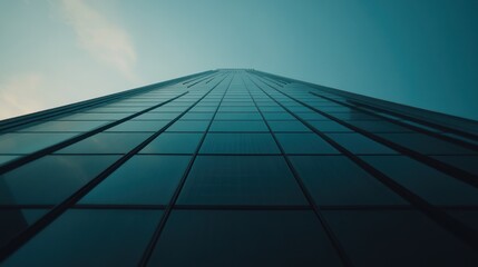 Obraz premium A low-angle view of a tall modern skyscraper against a clear sky.