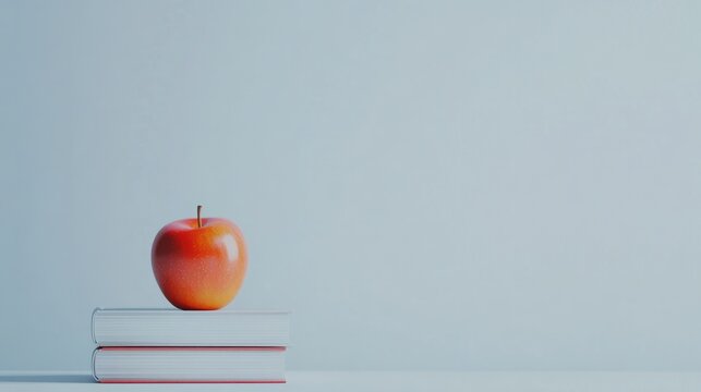 Back to school a stack of books and a red apple on a white table against a white background Remote learning at home Quarantine idea of staying home. Copy space image. Place for adding text and design