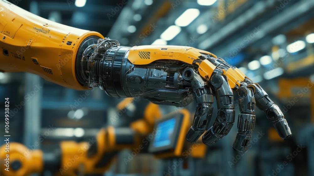 Poster industrial robot arm gripping a complex component in a smart factory setting.