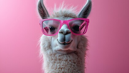 A playful llama with pink sunglasses in a whimsical pink backdrop ideal for winter-themed marketing, holiday cards, or social media posts celebrating fun and joy.