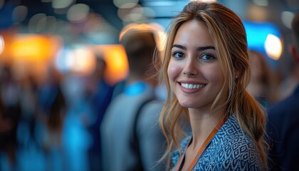 Group of attendees standing and networking around a bustling convention hall during a tech conference 