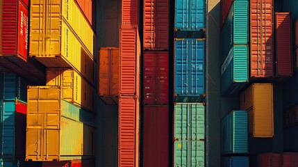 Fototapeta premium Aerial view of colorful shipping containers stacked high in a shipping yard.