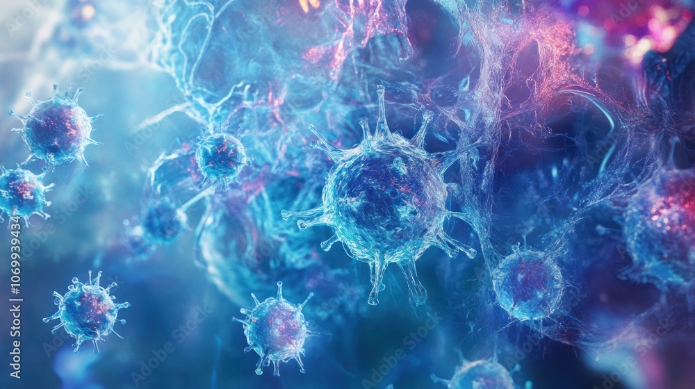 Poster abstract representation of viruses in a colorful, microscopic environment.