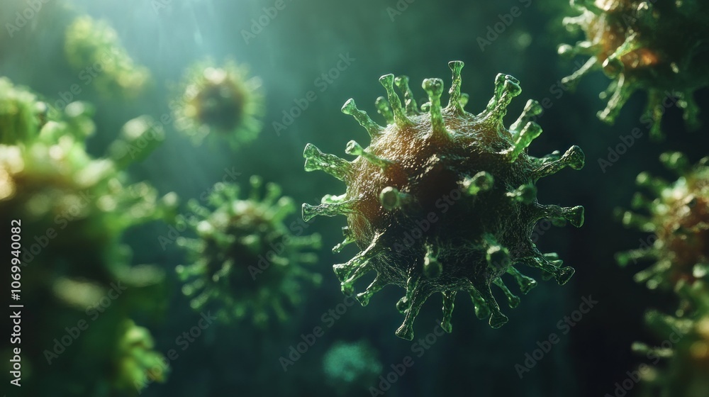 Poster close-up view of virus-like structures in a microscopic environment.
