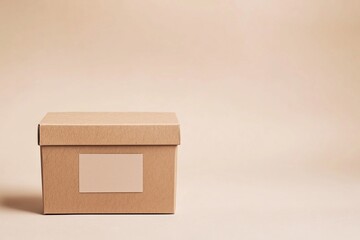 Minimalist Brown Cardboard Storage Box with Blank Label on Neutral Background